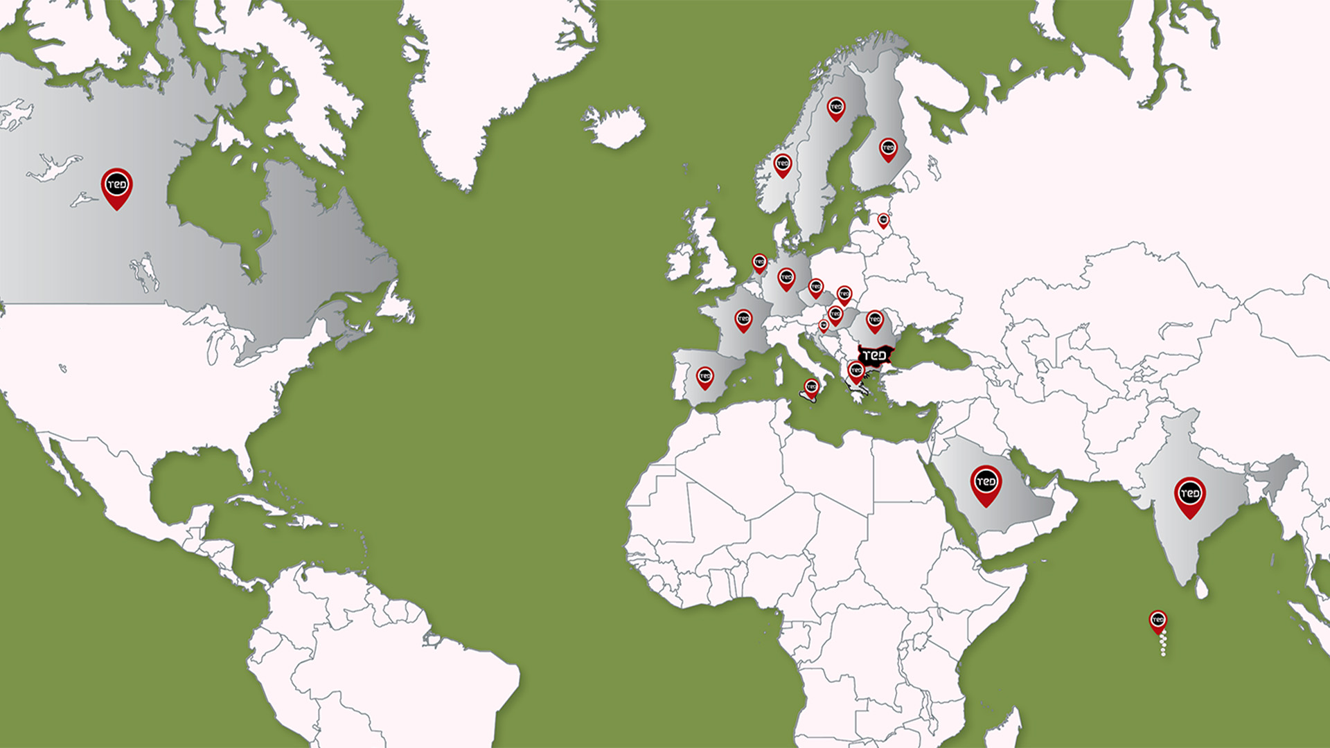 テッドベッドのノンコイルマットレスが世界35以上の国と地域で使われている場所を示すMAPの画像。