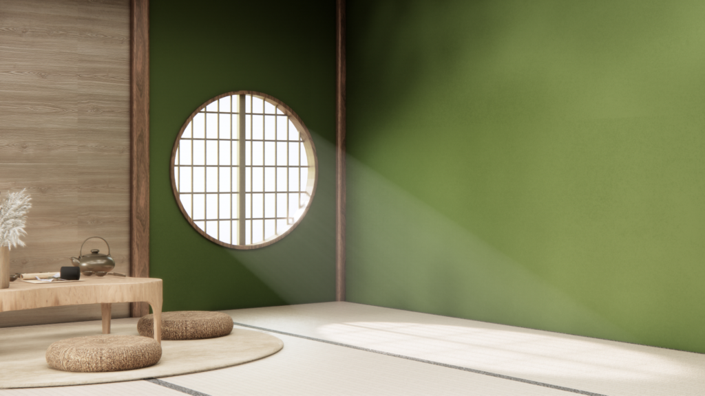 窓から光が差し込む、畳張りの和室の画像